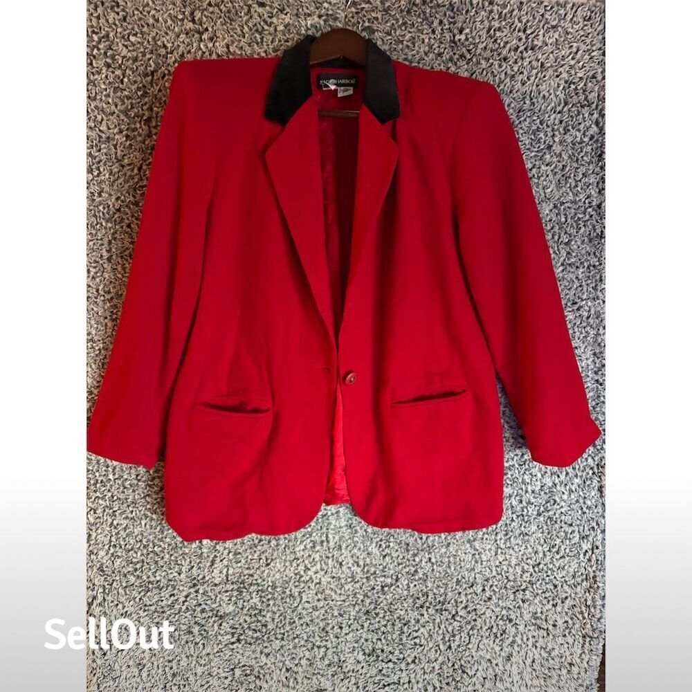 Leslie Fay Vintage Women's Red Wool Blazer Black Collar Size 16